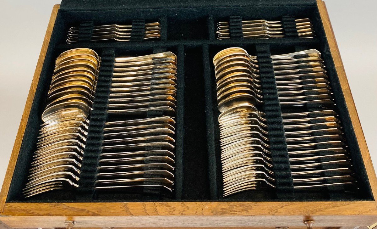 Art Deco Cutlery Set For 12, Solid Silver, 222 Pieces, Complete In Its Case. Delheid Frères.-photo-4