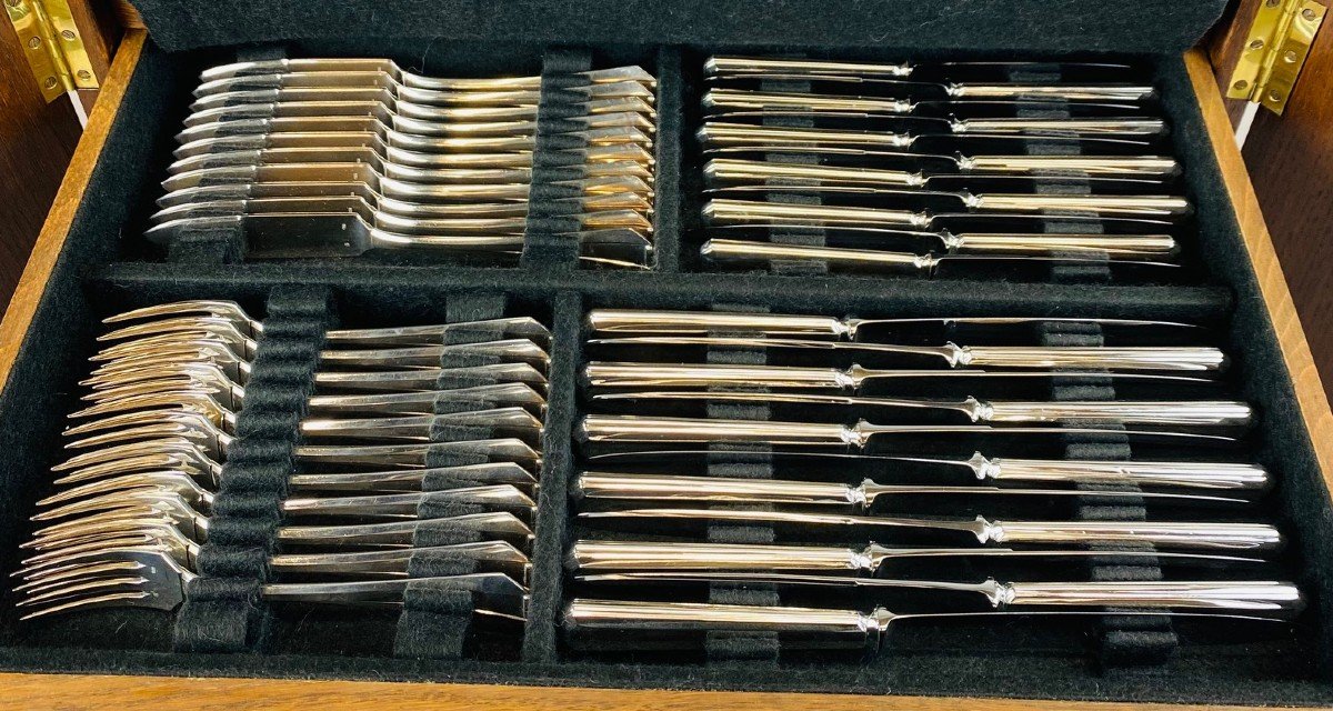 Art Deco Cutlery Set For 12, Solid Silver, 222 Pieces, Complete In Its Case. Delheid Frères.-photo-5