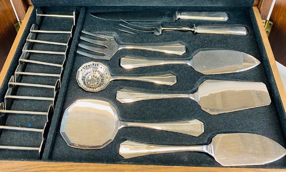 Art Deco Cutlery Set For 12, Solid Silver, 222 Pieces, Complete In Its Case. Delheid Frères.-photo-7