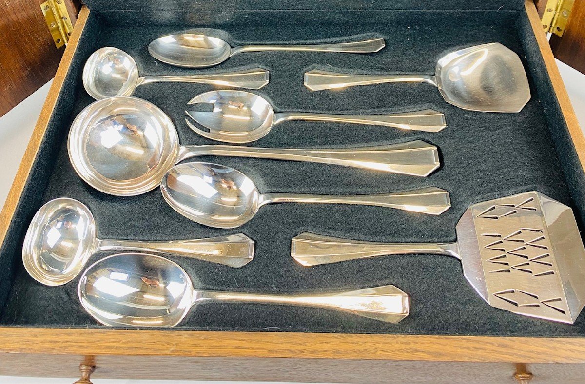 Art Deco Cutlery Set For 12, Solid Silver, 222 Pieces, Complete In Its Case. Delheid Frères.-photo-8