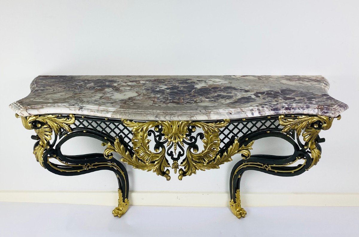 Console En Fer Forgé De Style Louis XV De La Fin Du 19ème Siècle, Violet Breche Marble-photo-1