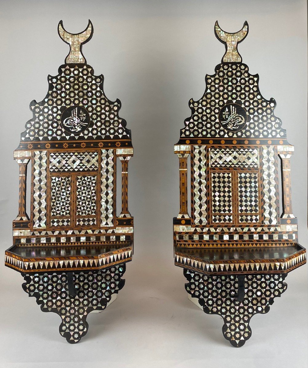 Pair Of 19th Century Ottoman Wood And Mother Of Pearl Marquetry Wall Shelves-photo-1