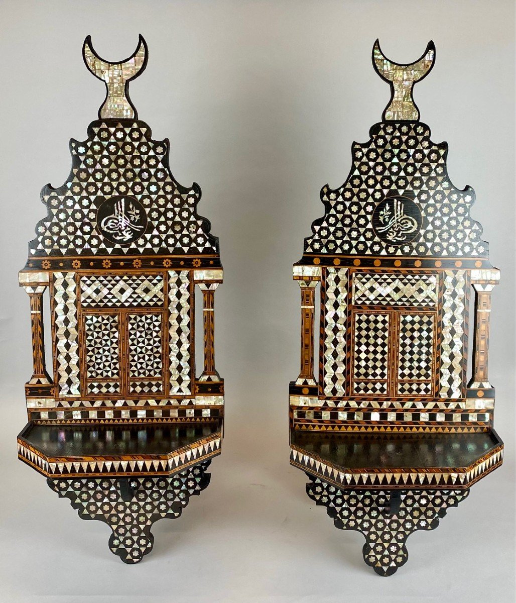 Pair Of 19th Century Ottoman Wood And Mother Of Pearl Marquetry Wall Shelves-photo-2