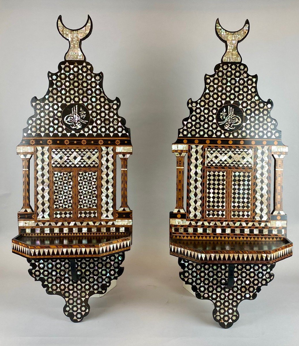 Pair Of 19th Century Ottoman Wood And Mother Of Pearl Marquetry Wall Shelves