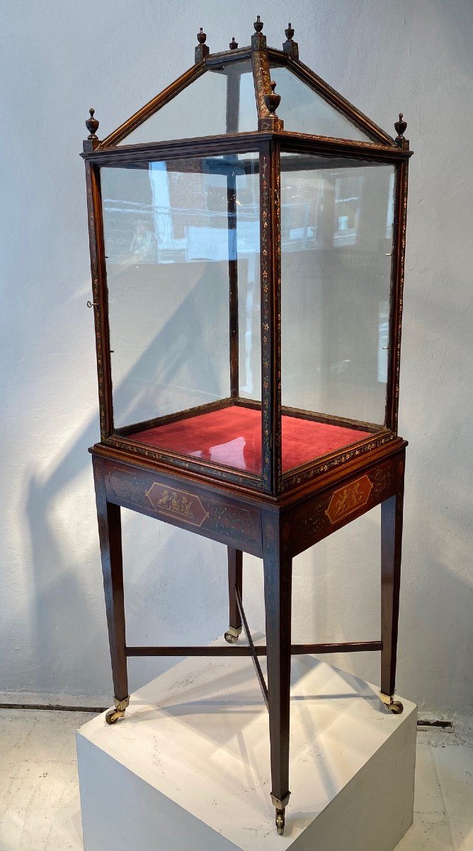 Edwardian  Mahogany Display Cabinet With Floral Painted Decor.-photo-3