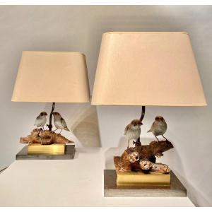 Pair Of Hollywood Regency Vintage 1970 Lamps - Wooden Birds