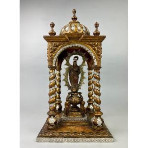 A Tabernacle From The Early 18th Century In Polychromed Wood And Solid Silver.