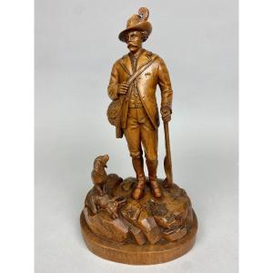 Wooden Sculpture, Black Forest, Hunter With Dachshund