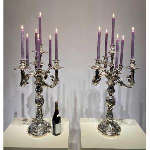 Important Pair Of Candelabras In Silvered Bronze, France, Circa 1870. H83cm!