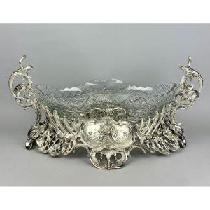 A Large Late 19thc Silver Plated Jardinière With Crystal Liner.