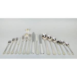 Art Deco Cutlery Set For 12, Solid Silver, 222 Pieces, Complete In Its Case. Delheid Frères.