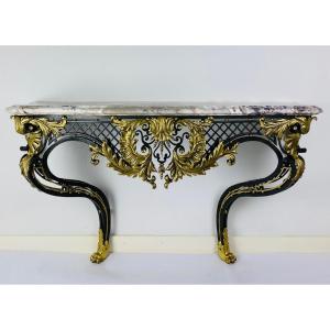 Late 19th Century Louis XV Style Wrought Iron Console Table, Violet Breche Marble