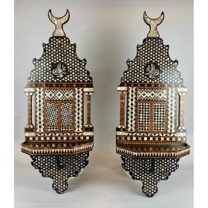 Pair Of 19th Century Ottoman Wood And Mother Of Pearl Marquetry Wall Shelves