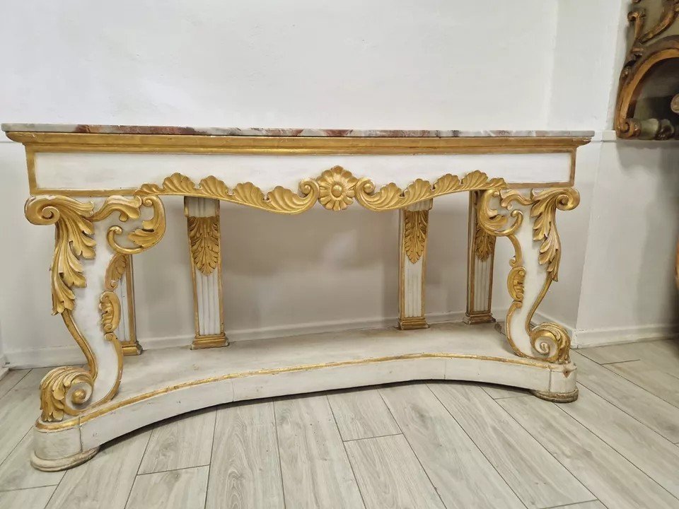 Immense Table Console Baroque Du 19ème Siècle Avec Plateau En Marbre-photo-2