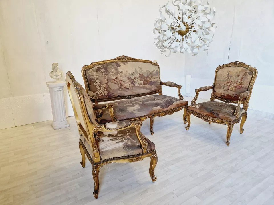 Ensemble De Salon Antique Louis XV Aubusson, Canapé Et Chaises Français-photo-2