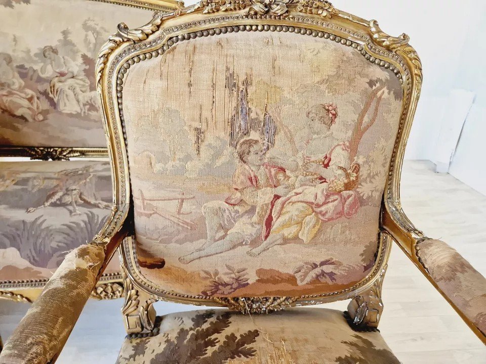 Ensemble De Salon Antique Louis XV Aubusson, Canapé Et Chaises Français-photo-8