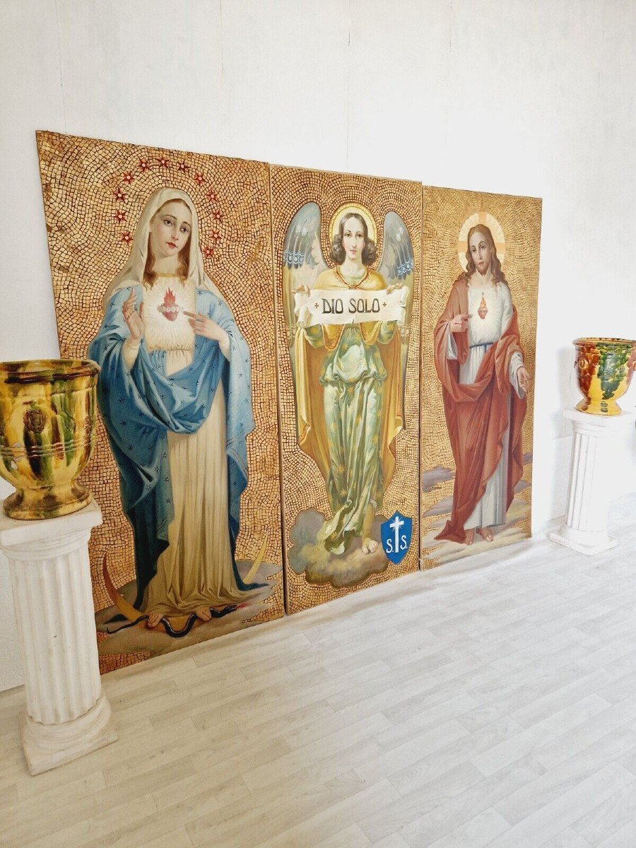 Triptyque De Peintures à l'Huile Religieuses Sur Fond Doré-photo-2