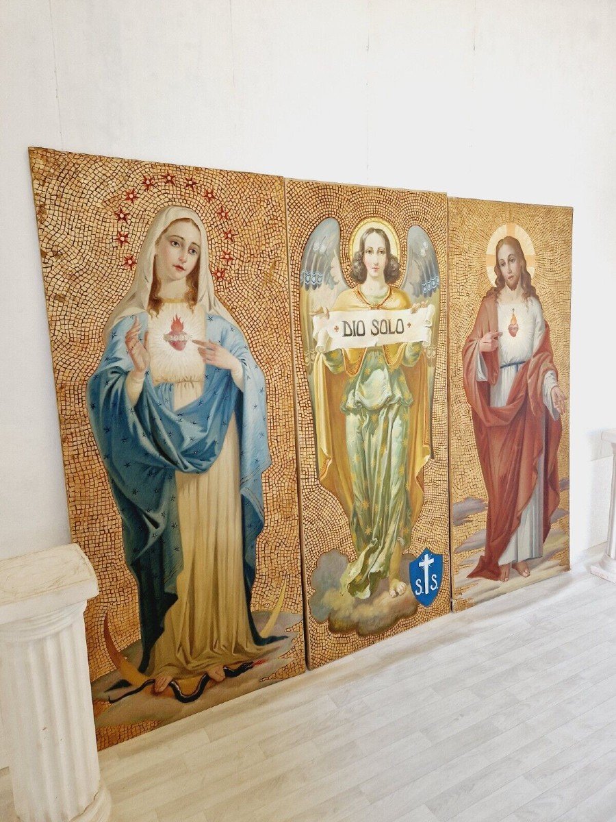 Triptyque De Peintures à l'Huile Religieuses Sur Fond Doré-photo-4