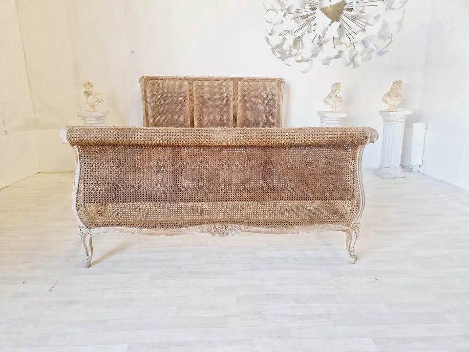 Antique French Cane Bed Louis XV Sleigh Bed Raw Wood-photo-5