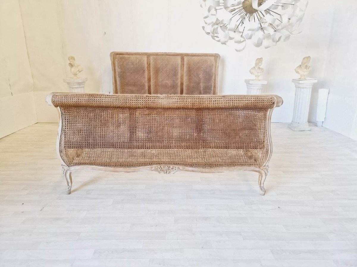 Antique French Cane Bed Louis XV Sleigh Bed Raw Wood