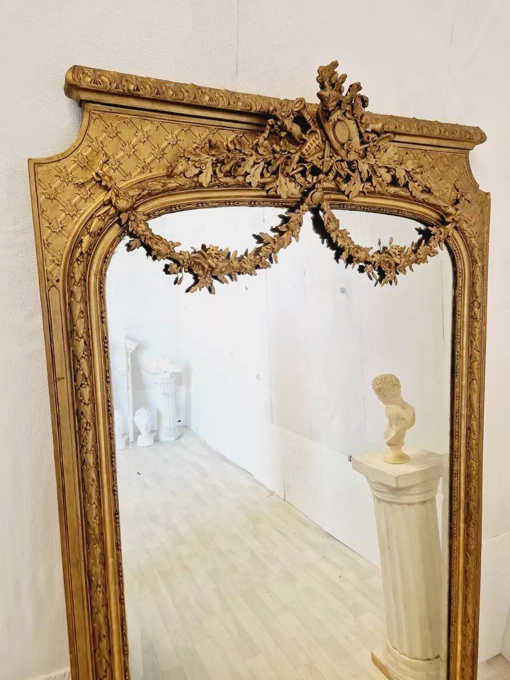 Grand Miroir Ancien Français 19ème Siècle Style Louis XVI Doré-photo-3