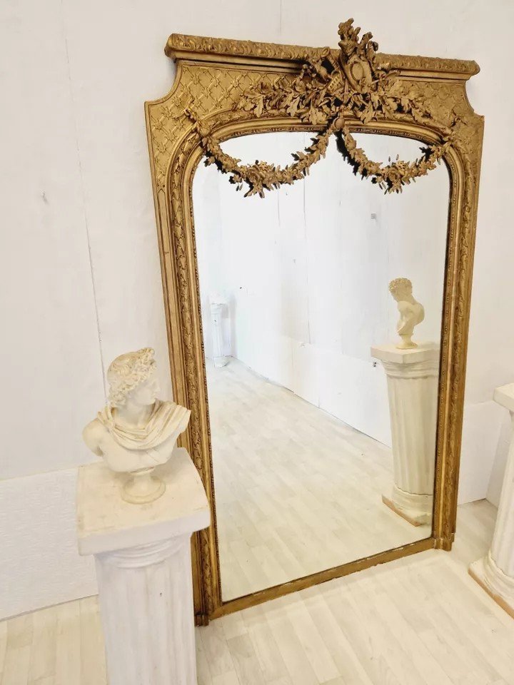 Grand Miroir Ancien Français 19ème Siècle Style Louis XVI Doré-photo-4