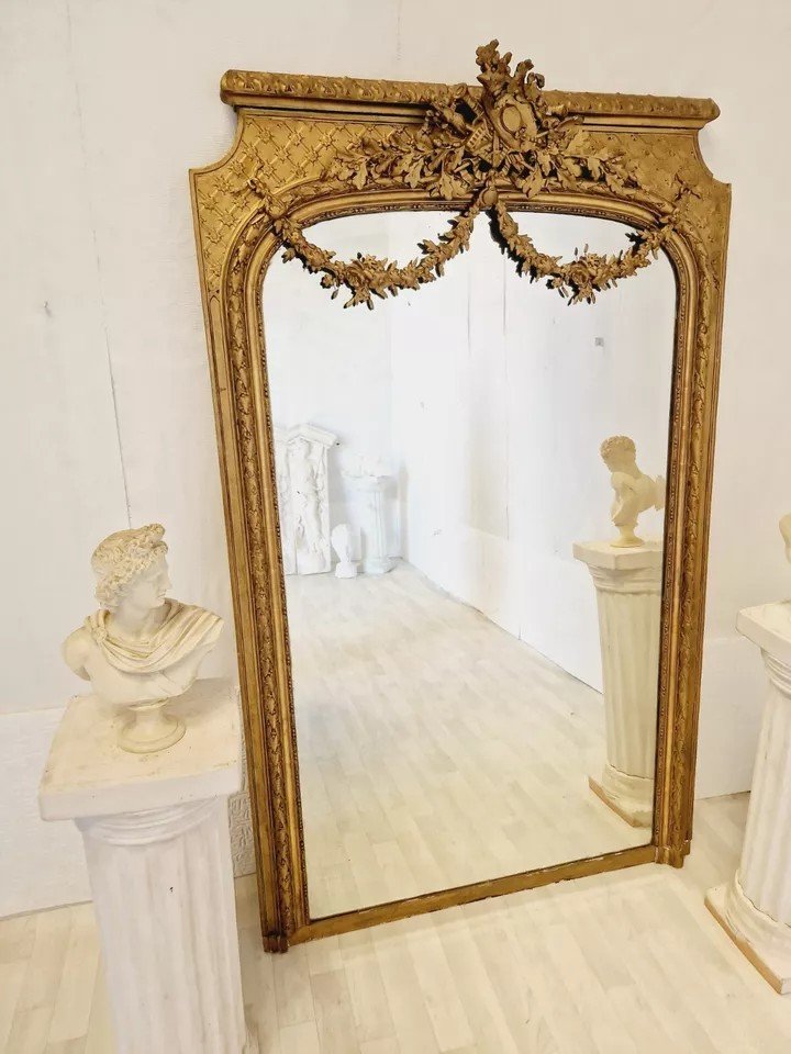 Grand Miroir Ancien Français 19ème Siècle Style Louis XVI Doré-photo-7