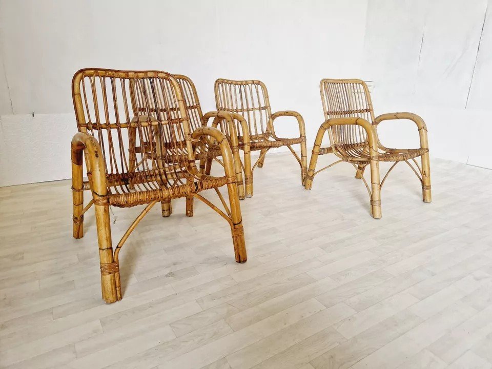 Ensemble De Salon En Bambou Des Années 1960 X4 Chaises Et Table-photo-5