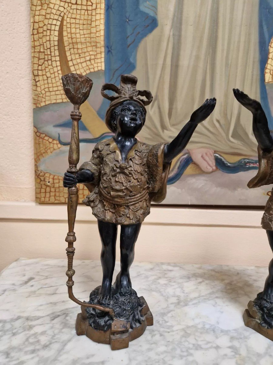 Pair Of Antique Moorish Bronze Candlestick Statues-photo-2