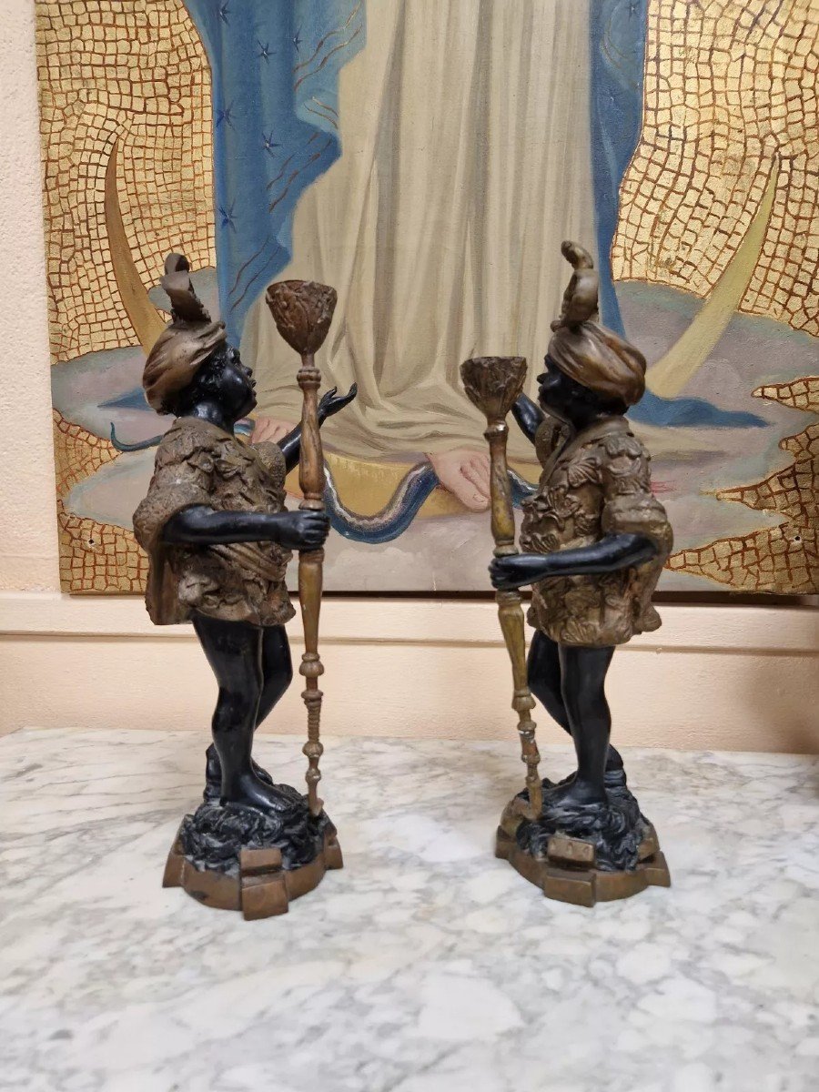 Pair Of Antique Moorish Bronze Candlestick Statues-photo-4