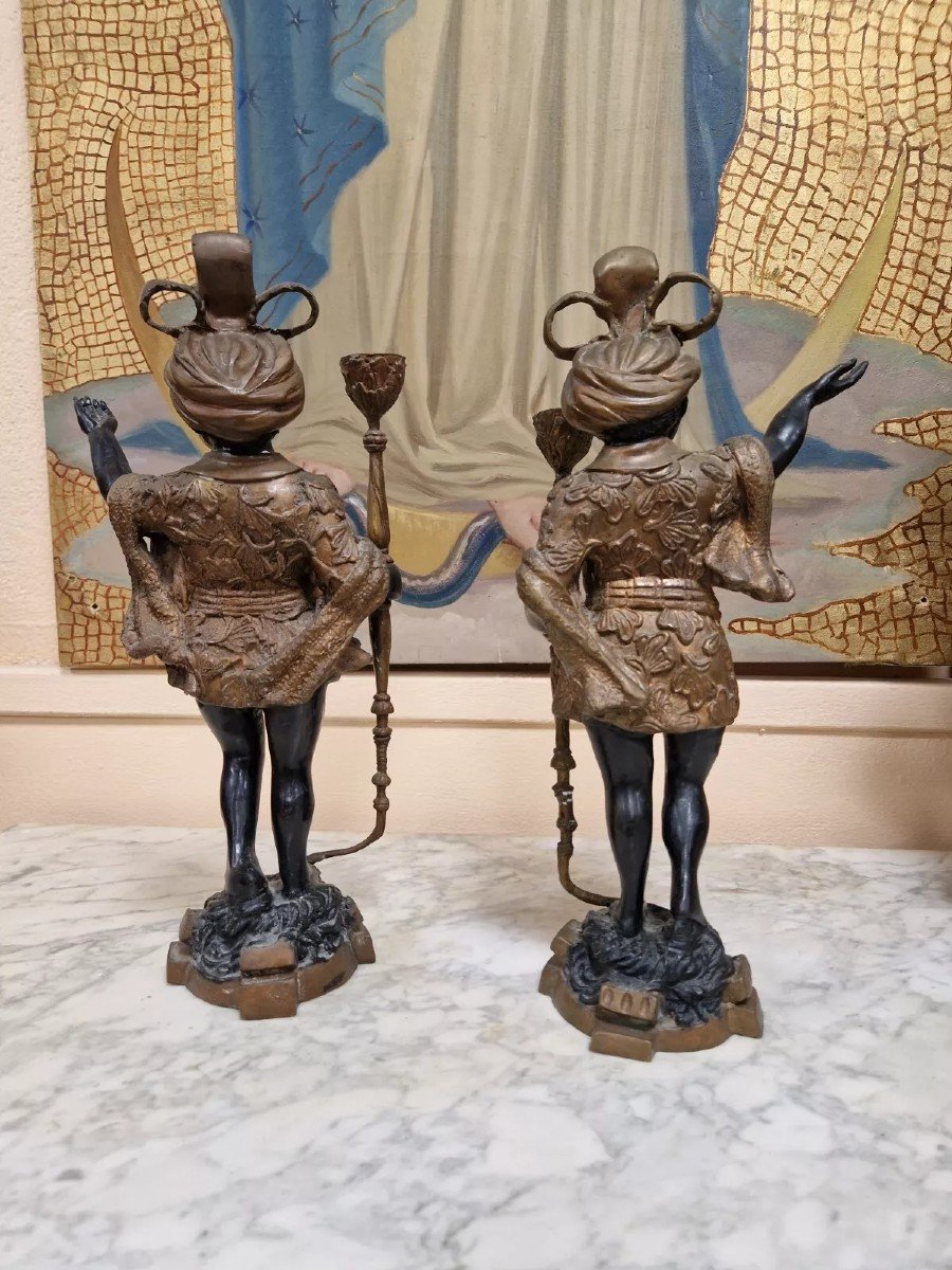 Pair Of Antique Moorish Bronze Candlestick Statues-photo-1