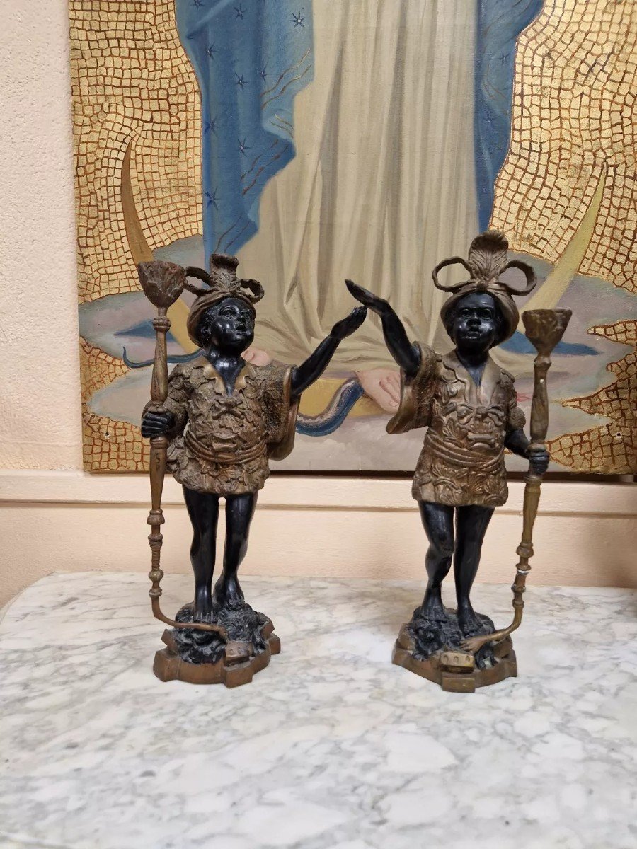 Pair Of Antique Moorish Bronze Candlestick Statues-photo-3