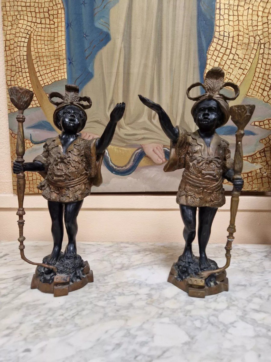 Pair Of Antique Moorish Bronze Candlestick Statues