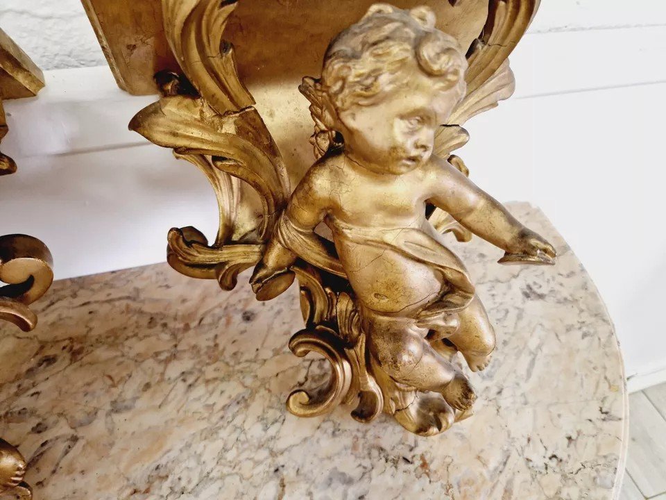 Pair D’étagères De Console De Musicien Putti Antiques-photo-3