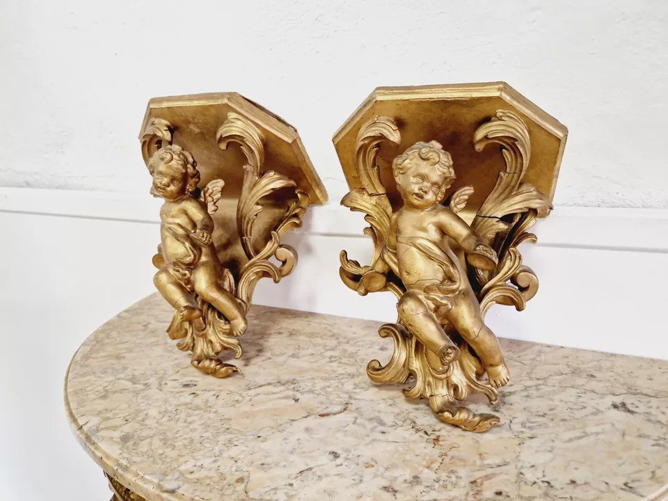 Pair D’étagères De Console De Musicien Putti Antiques-photo-3