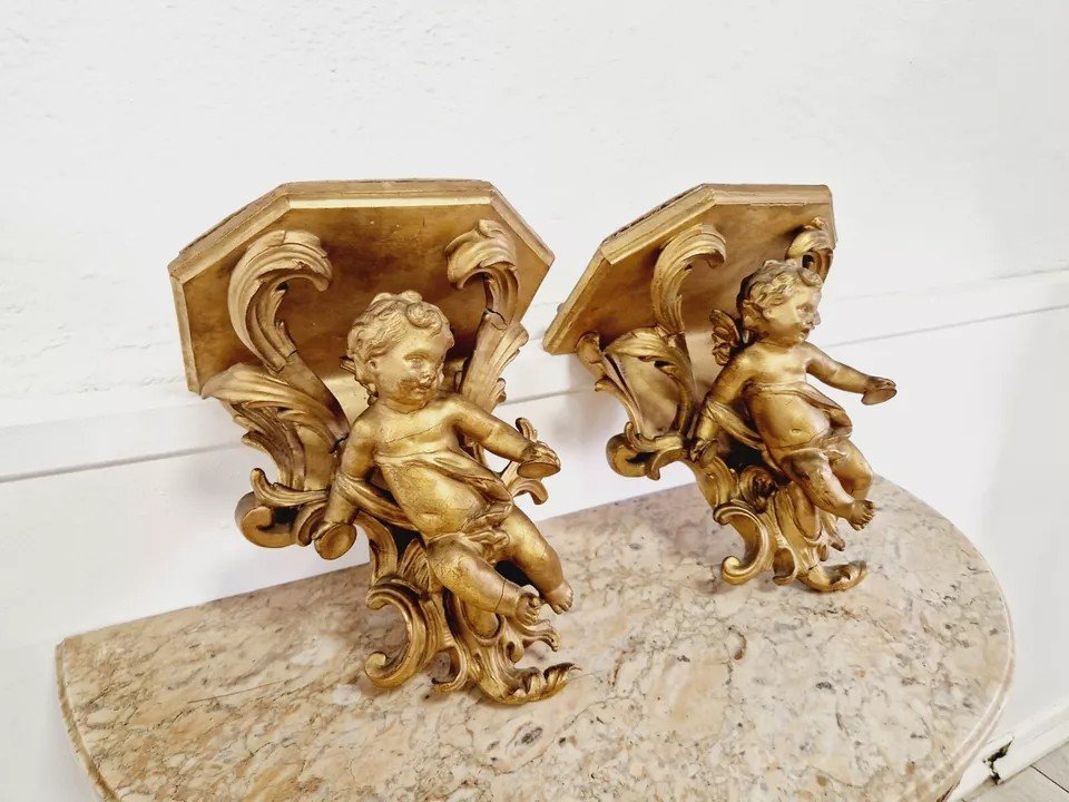 Pair D’étagères De Console De Musicien Putti Antiques-photo-4