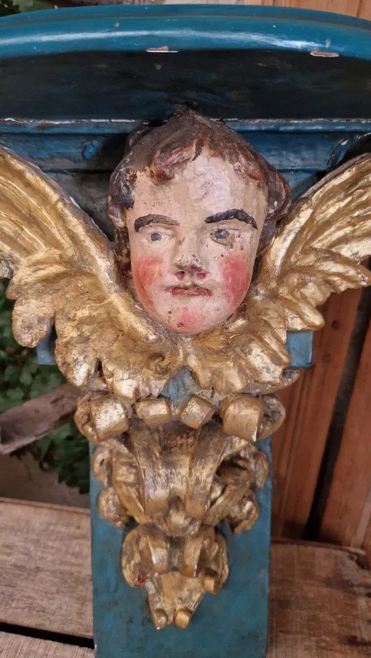 Antique 19th Century Church Console Table Decorative Cherub Head Wooden French Origin-photo-2