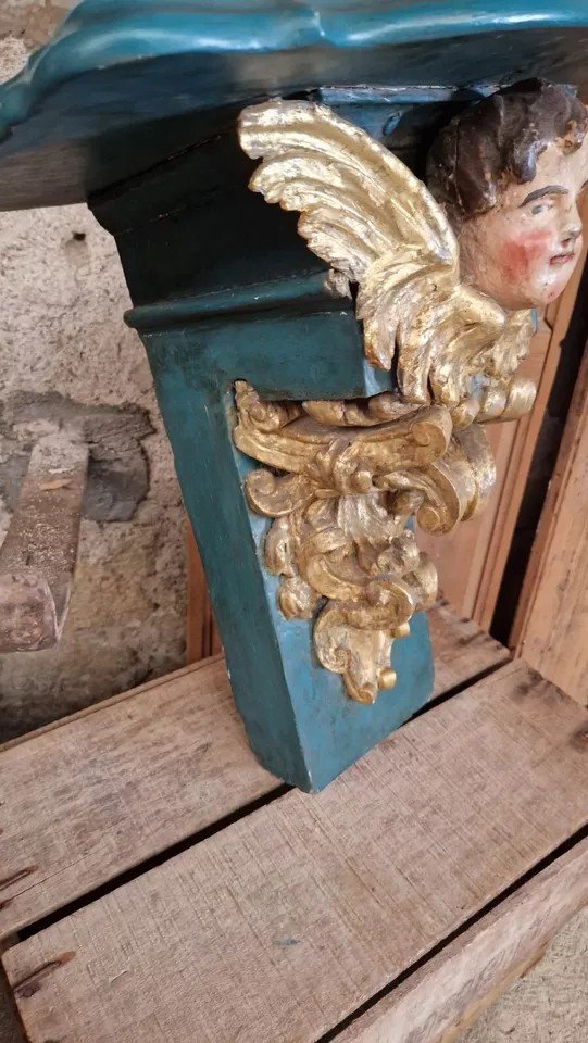 Antique 19th Century Church Console Table Decorative Cherub Head Wooden French Origin-photo-1