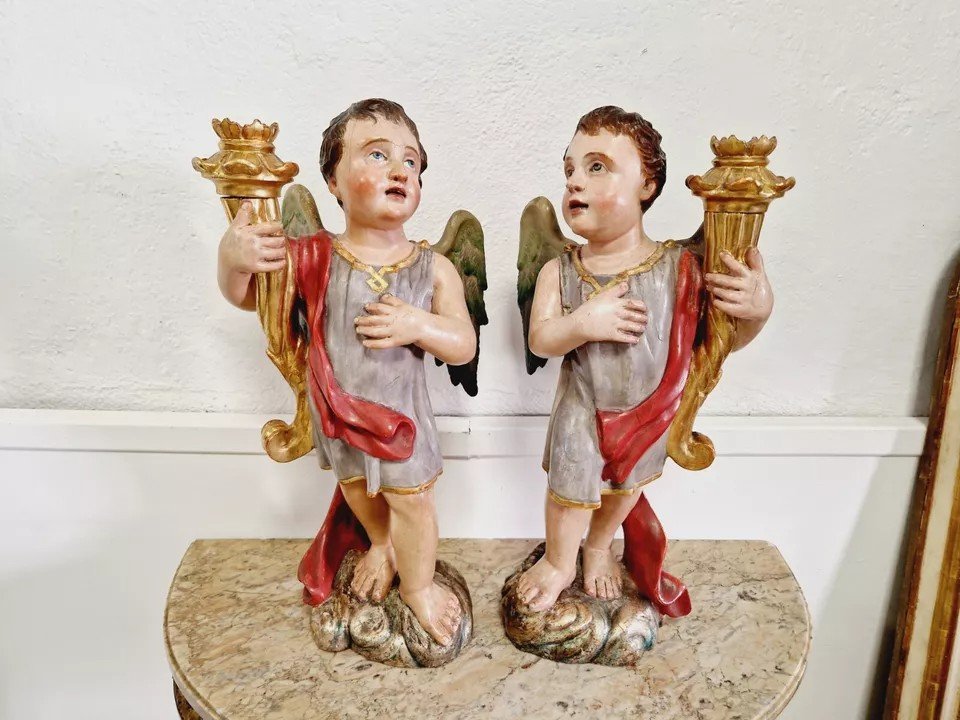 Pair Of Antique 19th Century Angel Torch Holders-photo-3