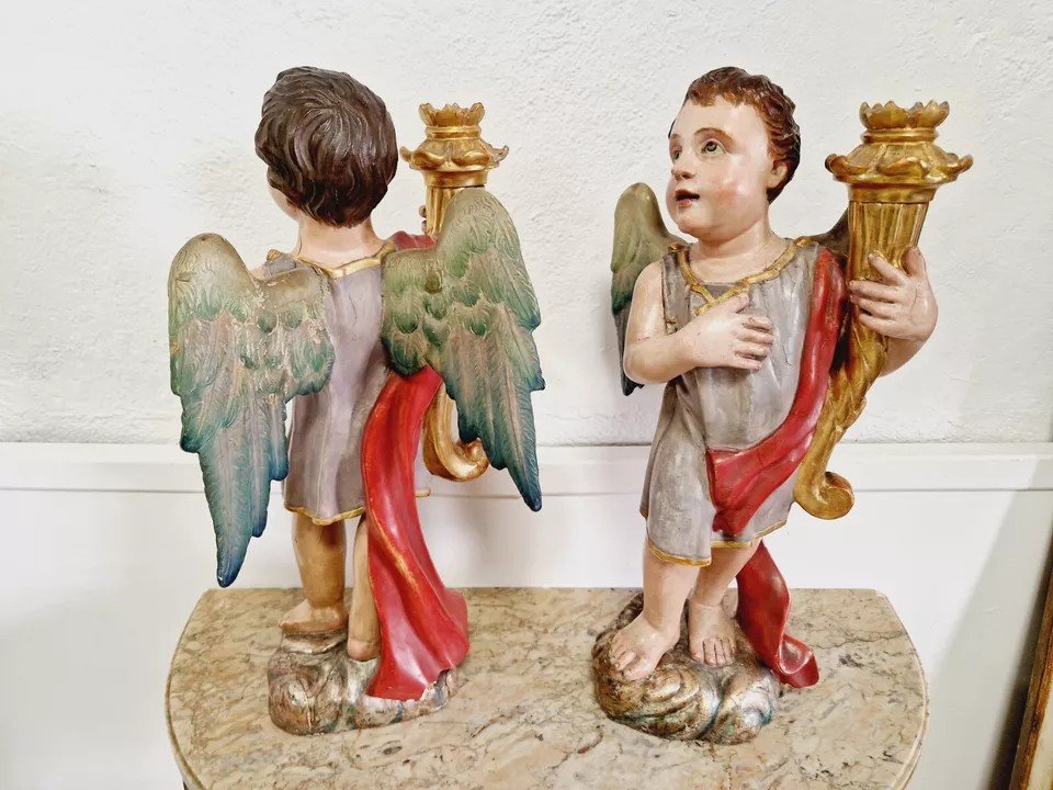 Pair Of Antique 19th Century Angel Torch Holders-photo-6