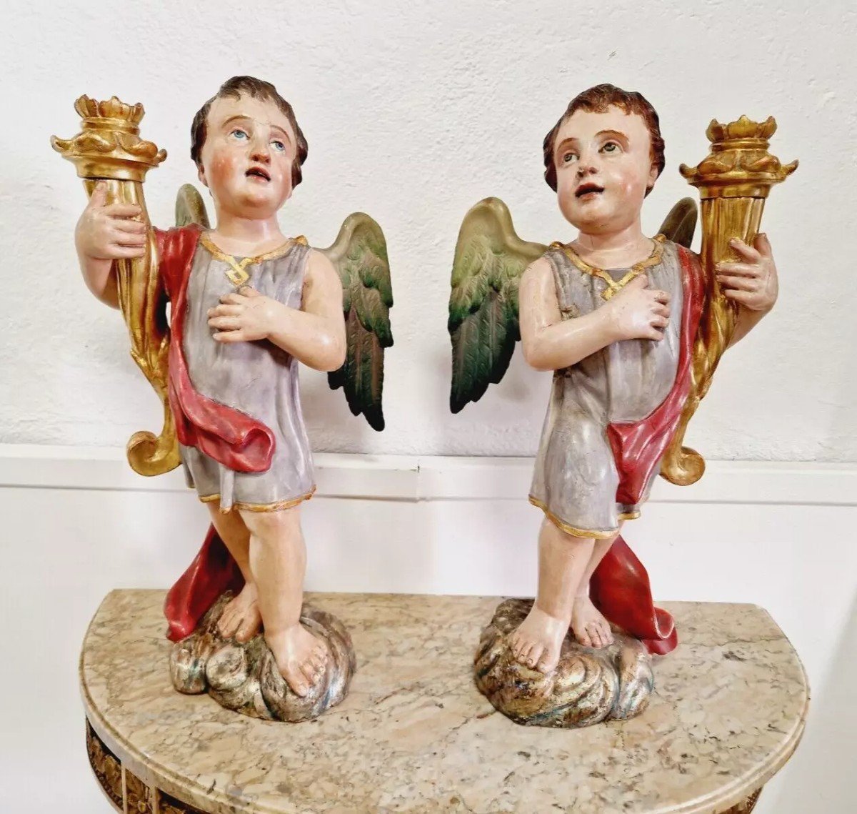 Pair De Porte-torches Anges Antiques Du 19ème Siècle