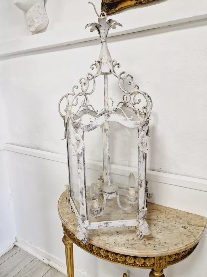 Antique French Lantern 19th Century Wrought Iron In White-photo-2