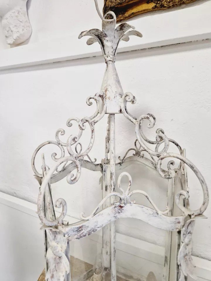 Antique French Lantern 19th Century Wrought Iron In White-photo-1