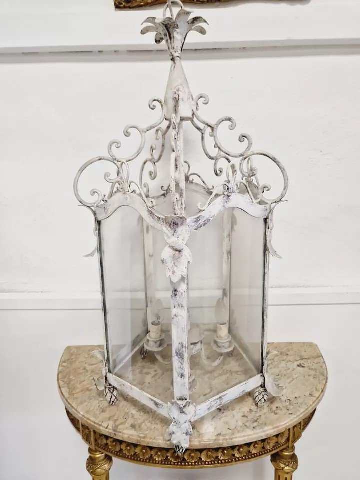 Antique French Lantern 19th Century Wrought Iron In White-photo-5