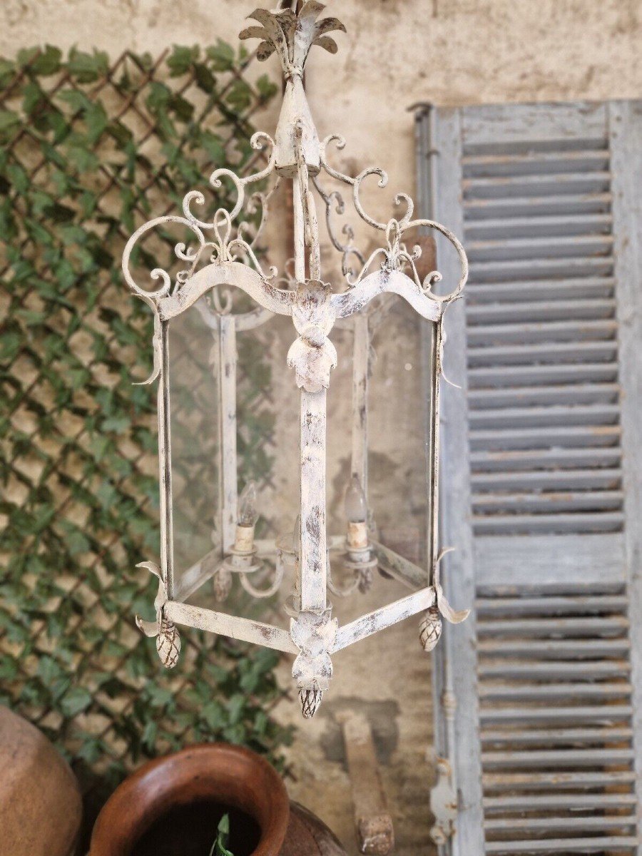 Antique French Lantern 19th Century Wrought Iron In White-photo-6