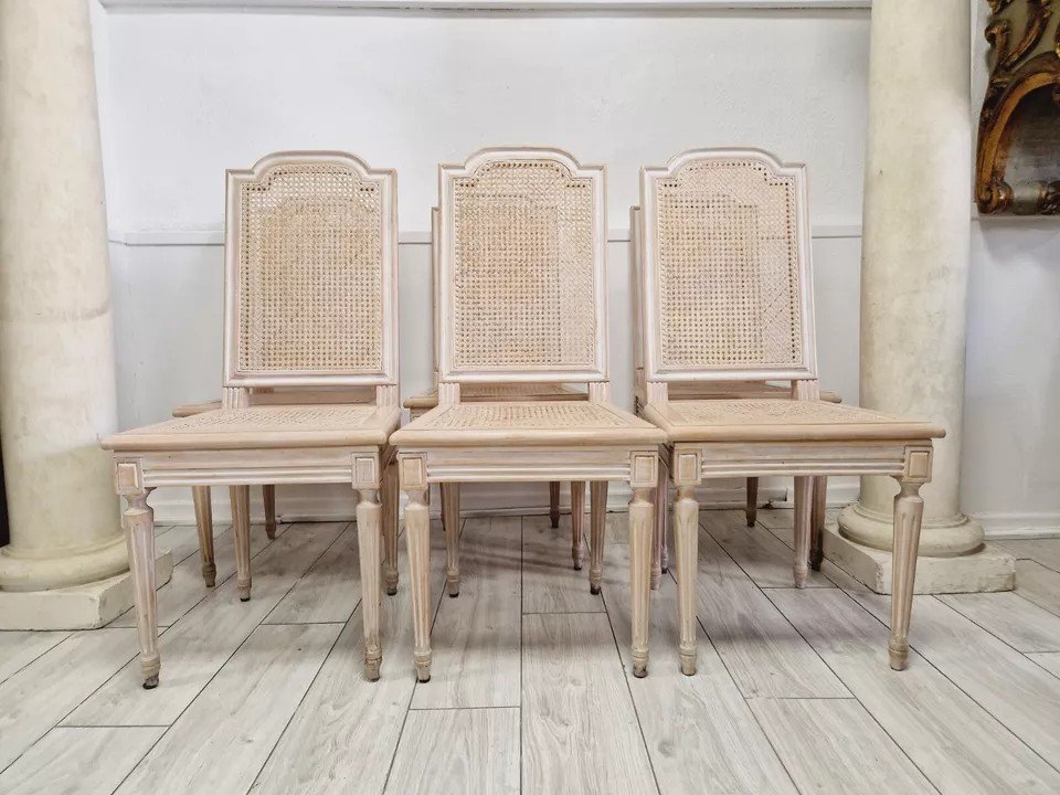 Set Of 6 Antique French Rattan Dining Chairs-photo-3