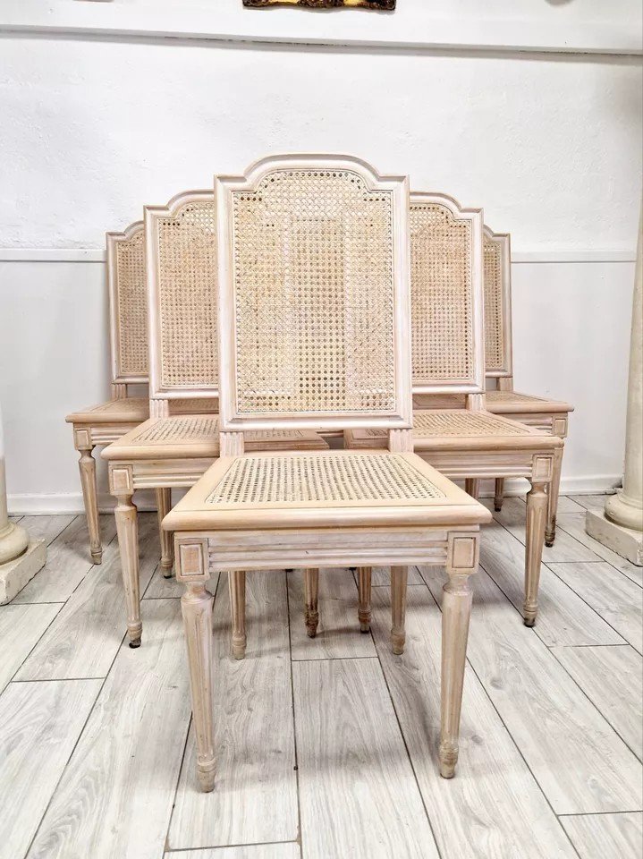 Set Of 6 Antique French Rattan Dining Chairs-photo-4