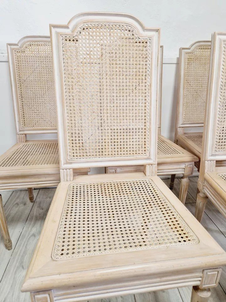 Set Of 6 Antique French Rattan Dining Chairs-photo-1