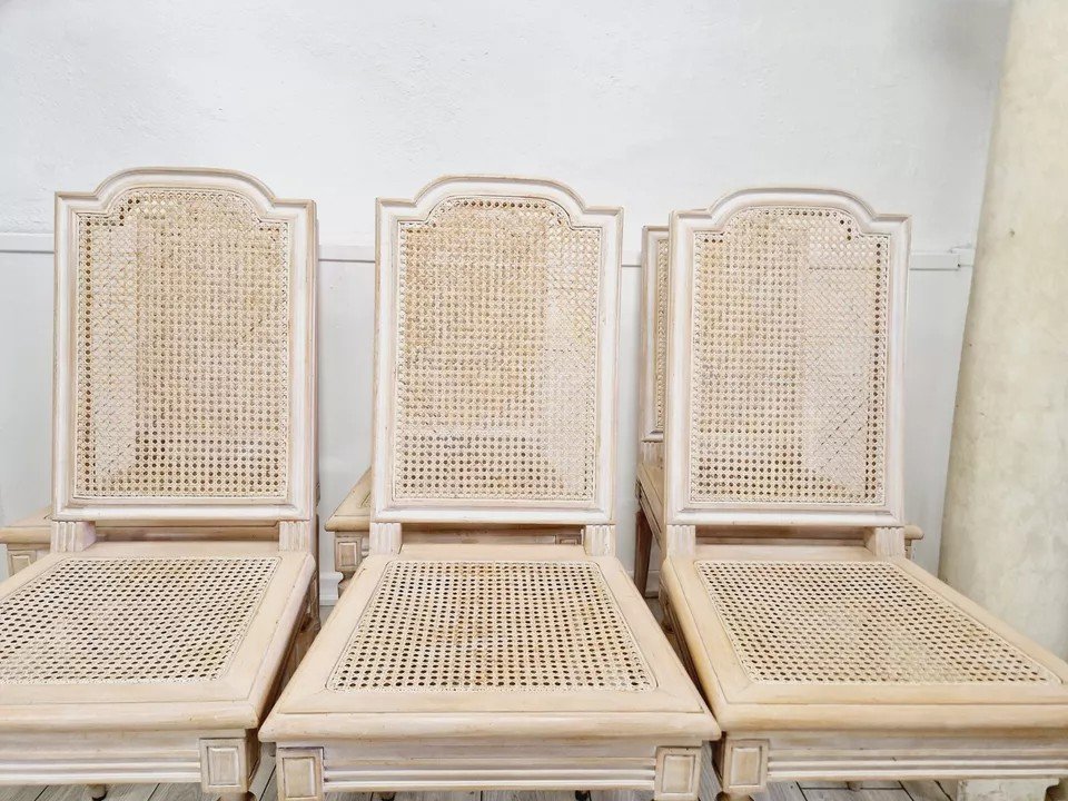 Set Of 6 Antique French Rattan Dining Chairs-photo-5