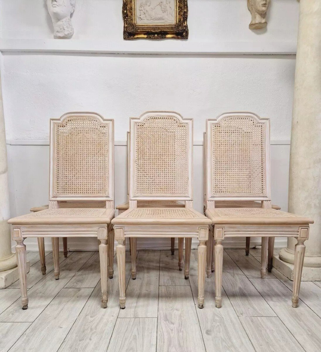 Set Of 6 Antique French Rattan Dining Chairs